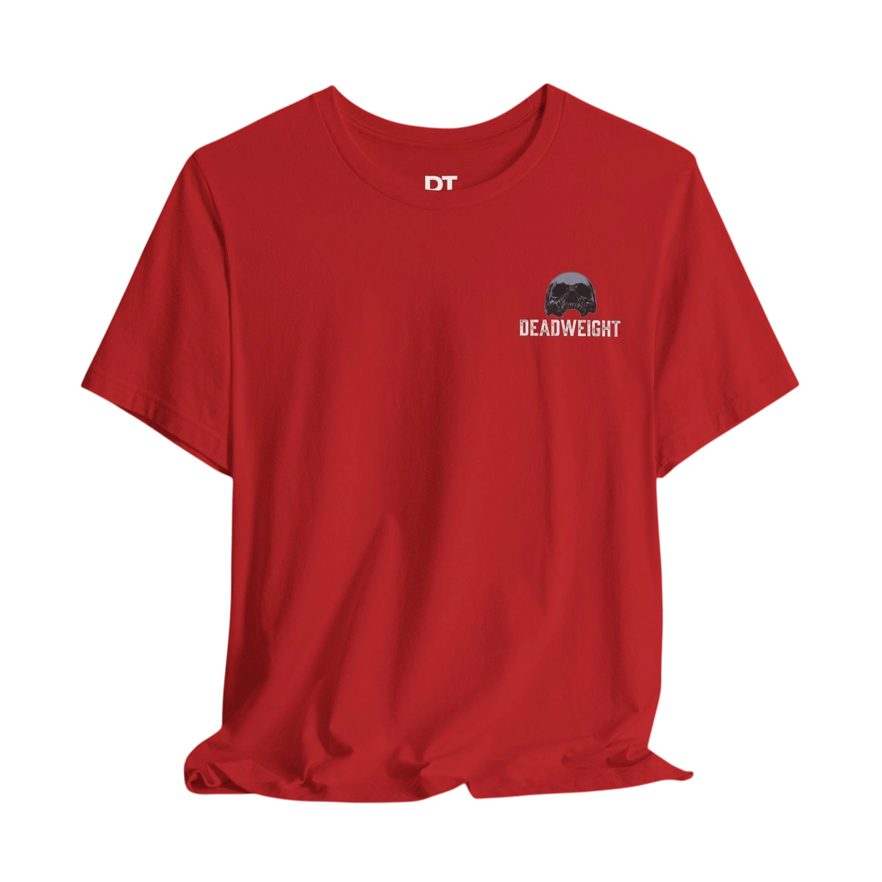 DailyThreadCo. red 100% cotton t-shirt with distressed skull graphic and "DEADWEIGHT" text on chest.