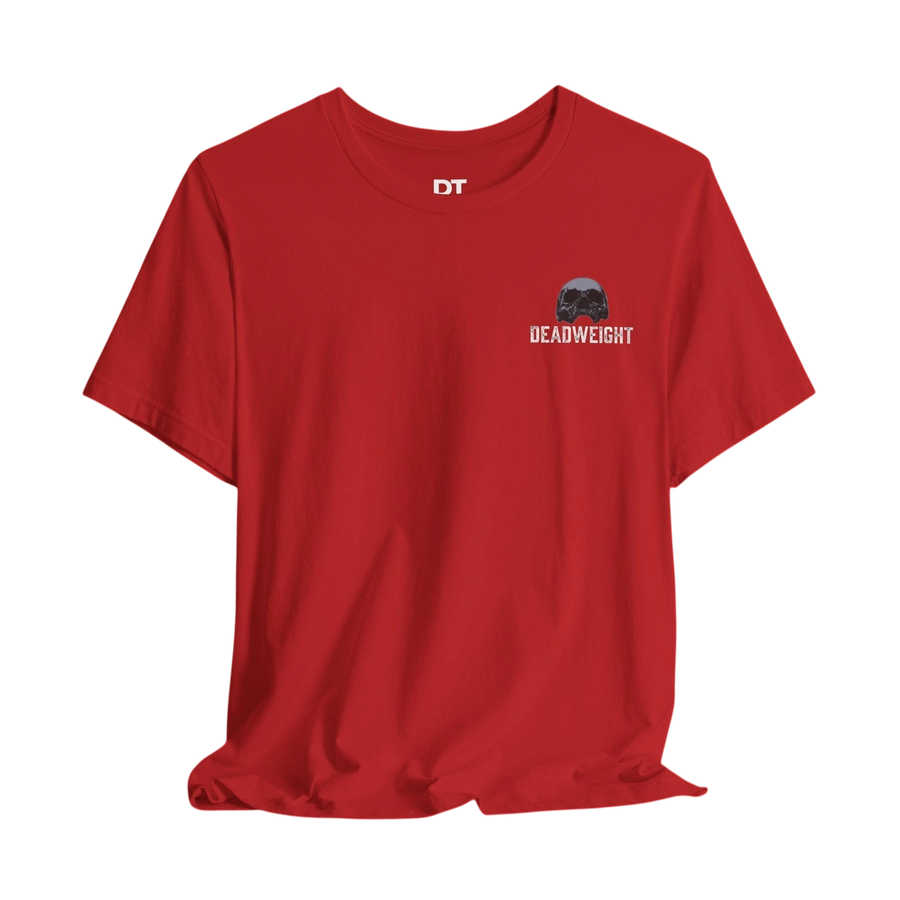 DailyThreadCo. red 100% cotton t-shirt with distressed skull graphic and "DEADWEIGHT" text on chest.
