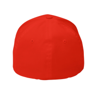 DailyThreadCo. red structured Flexfit cap with a mid-profile crown and curved visor, featuring a durable twill blend.