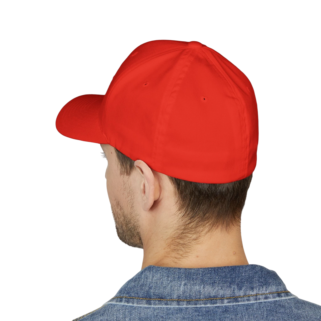 DailyThreadCo. red structured Flexfit cap with a mid-profile fit and curved visor worn by a man.