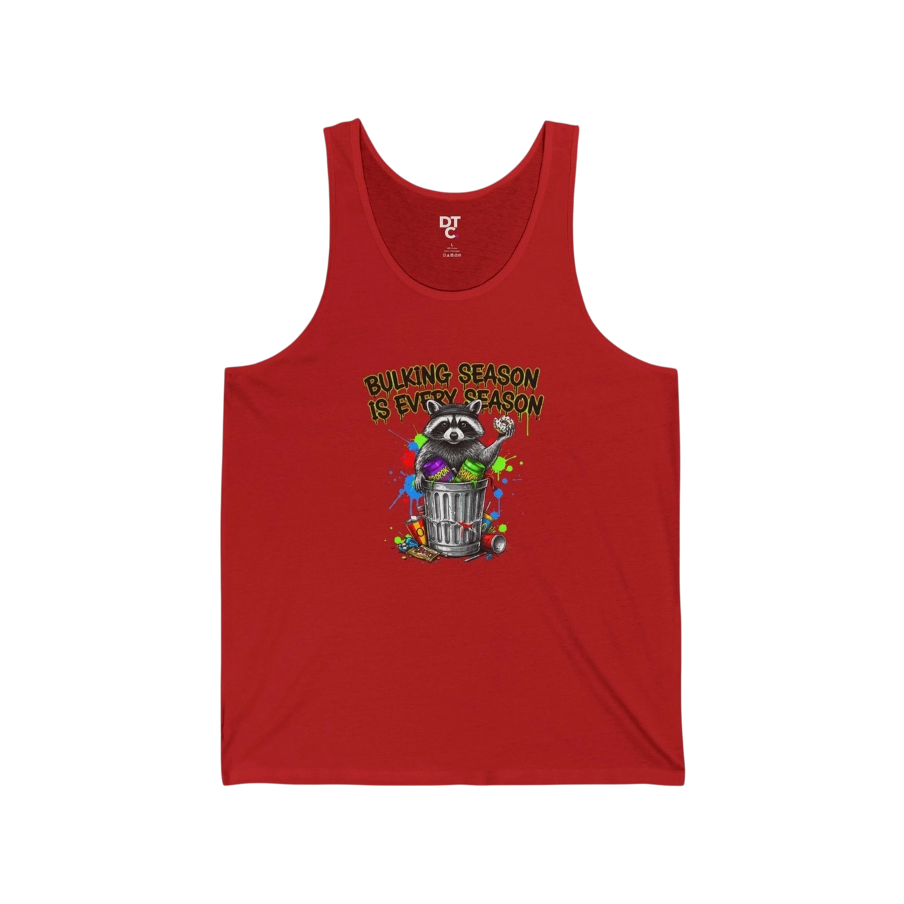 DailyThreadCo red cotton tank top with a graphic of a raccoon in a trash can and the text "Bulking Season Is Every Season".