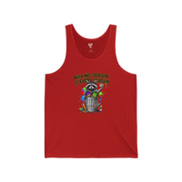 DailyThreadCo red cotton tank top with a graphic of a raccoon in a trash can and the text 