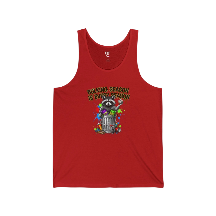 DailyThreadCo red cotton tank top with a graphic of a raccoon in a trash can and the text "Bulking Season Is Every Season".