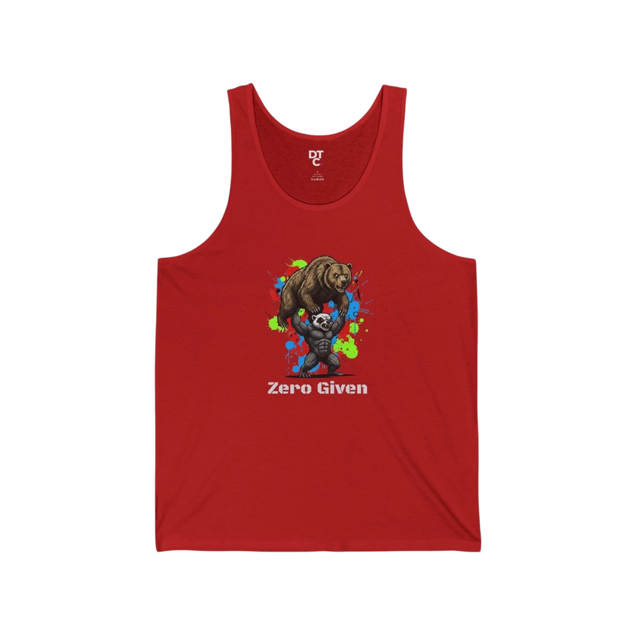 DailyThreadCo. red cotton graphic tank top with a bear lifting a honey badger and the text "Zero Given".