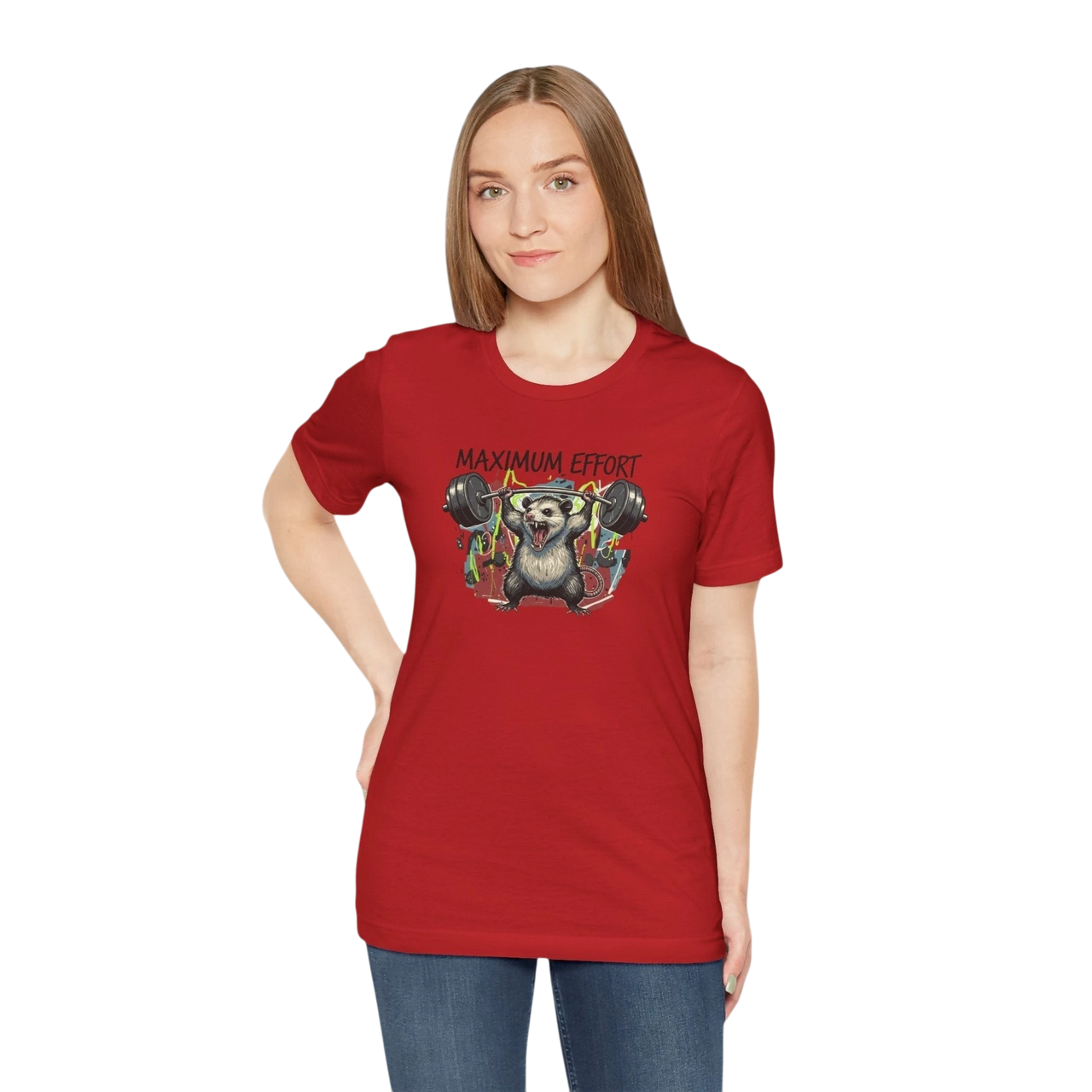 DailyThreadCo red 100% cotton t-shirt with a graphic of a possum lifting a barbell and the text "MAXIMUM EFFORT".