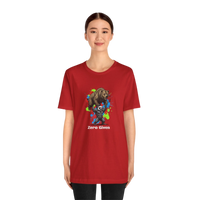 DailyThreadCo red 100% cotton t-shirt with 'Zero Given' graphic of a honey badger lifting a bear, paint splash background.