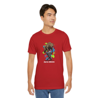 DailyThreadCo red 100% cotton t-shirt with 'Zero Given' graphic of a honey badger lifting a bear, set against a colorful paint splash background.