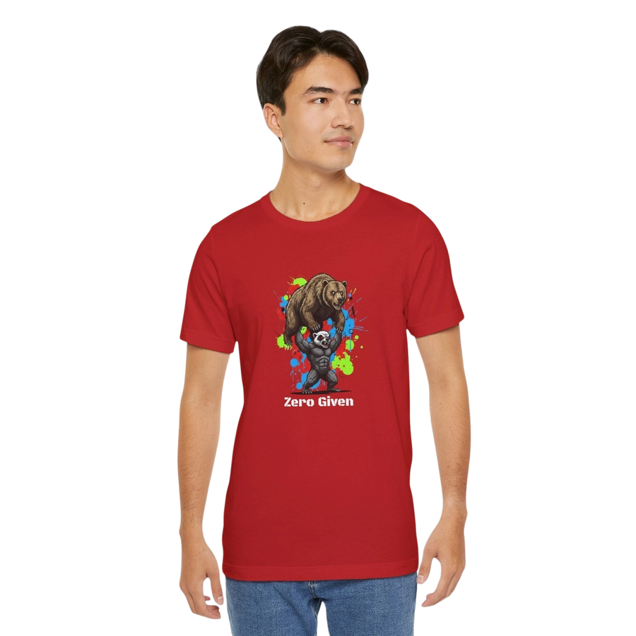 DailyThreadCo red 100% cotton t-shirt with 'Zero Given' graphic of a honey badger lifting a bear, set against a colorful paint splash background.
