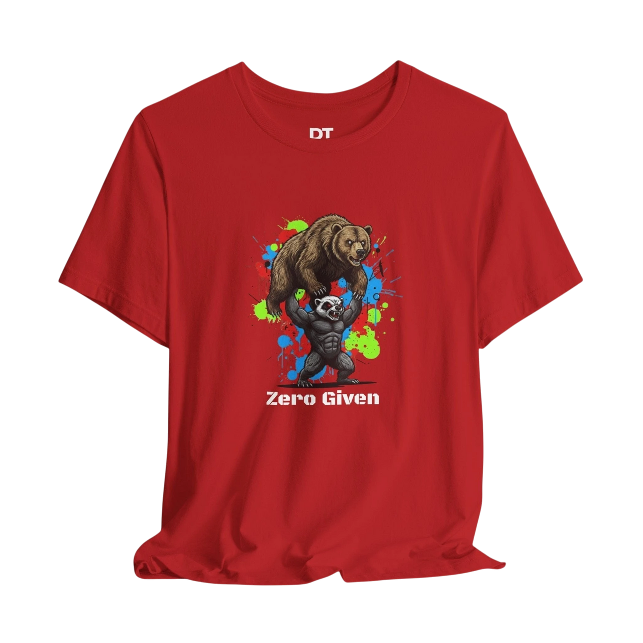 DailyThreadCo red 100% cotton t-shirt with 'Zero Given' graphic of a honey badger lifting a bear, set against a paint splash background.