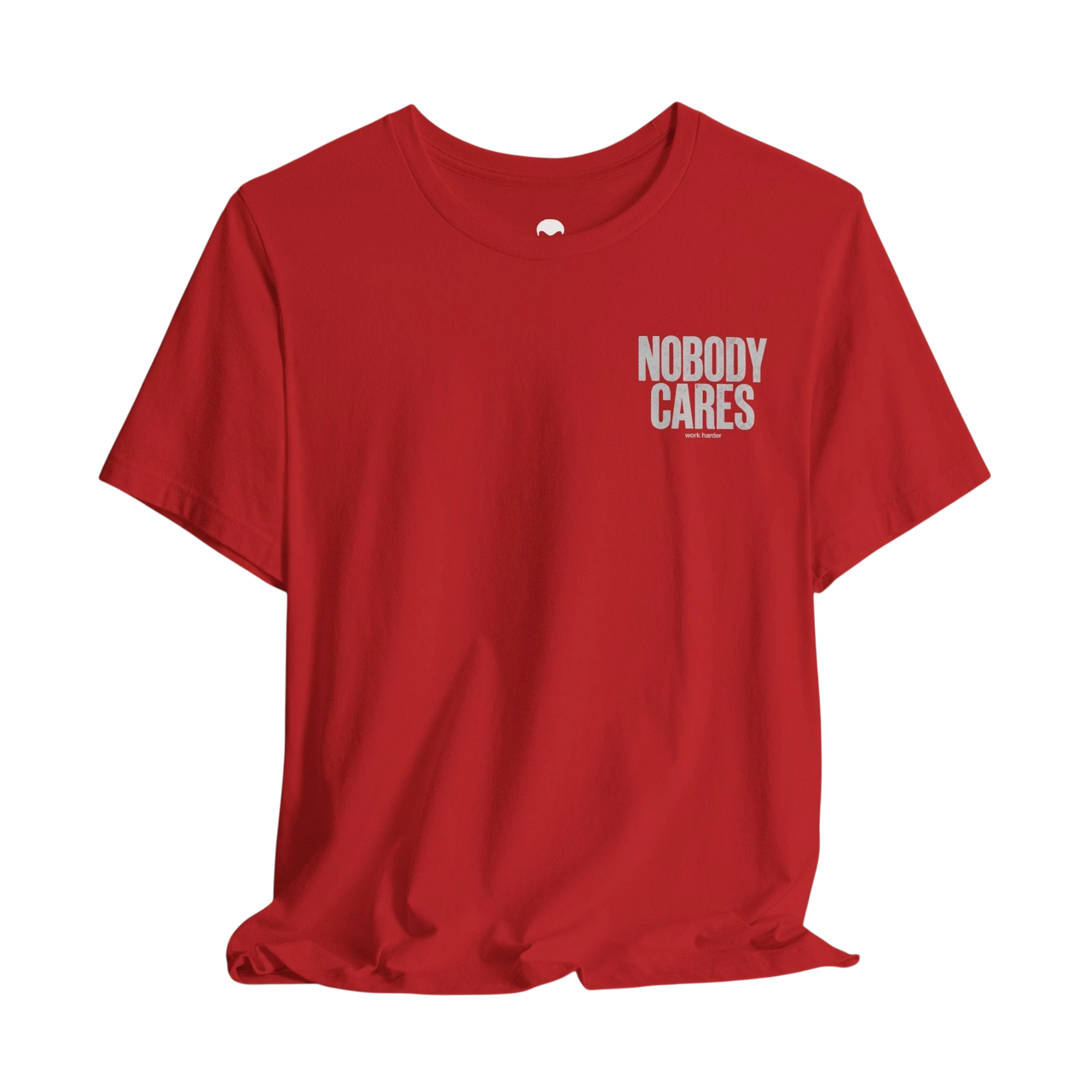 DailyThreadCo. red graphic t-shirt with Nobody Cares text print on the chest, made from soft lightweight cotton.