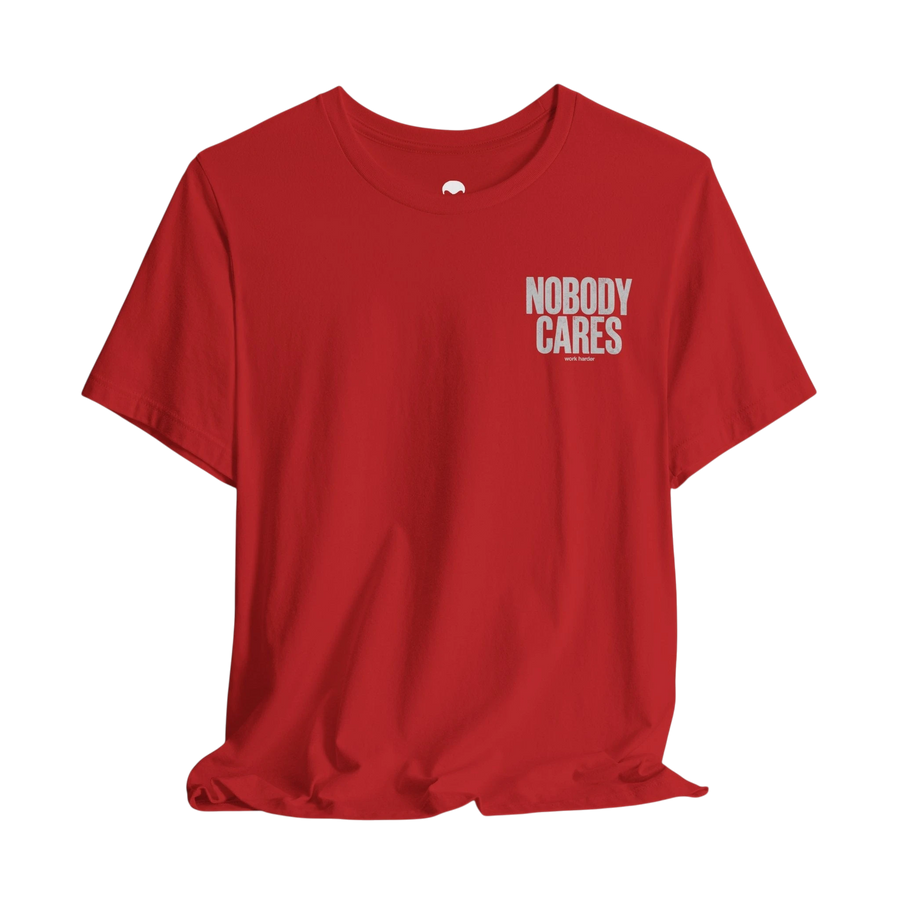 DailyThreadCo. red graphic t-shirt with Nobody Cares text print on the chest, made from soft lightweight cotton.