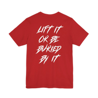 DailyThreadCo. red crew-neck gym t-shirt with white jagged motivational text on the back.