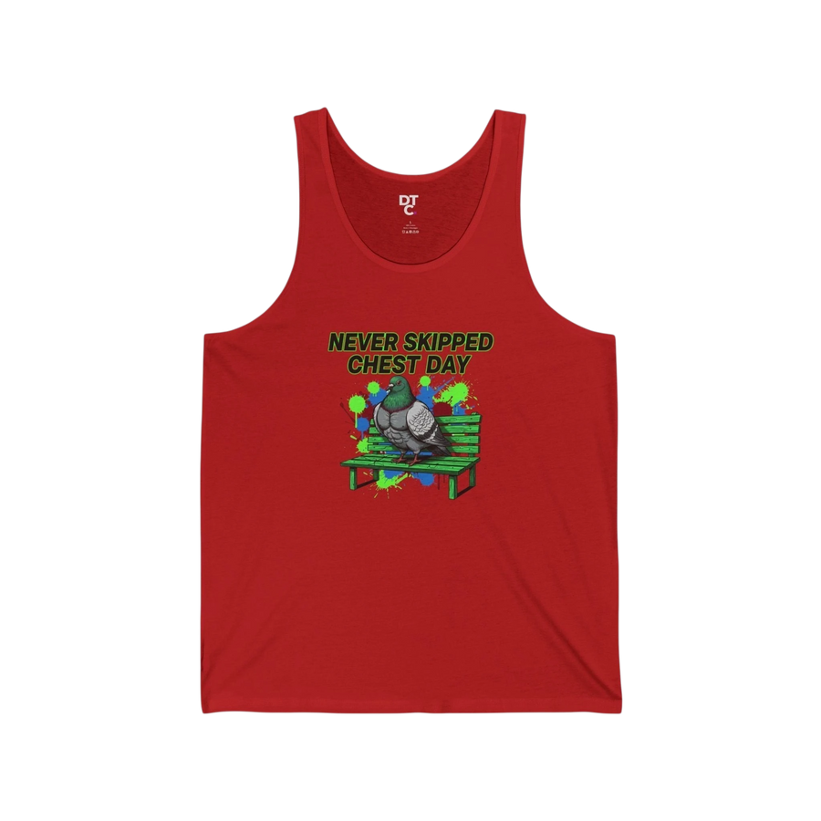 DailyThreadCo red 100% cotton tank top with a graphic of a muscular pigeon sitting on a green bench, with neon paint splatters and the text "NEVER SKIPPED CHEST DAY".
