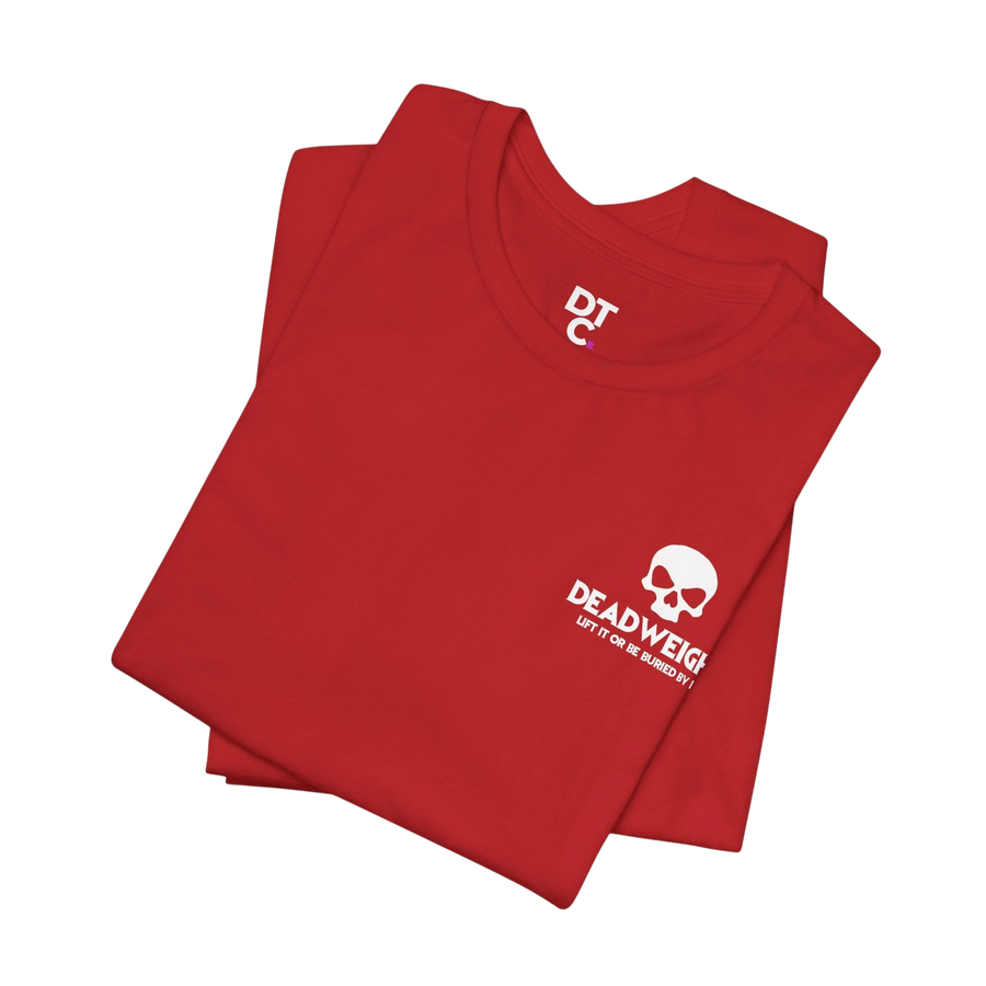 DailyThreadCo. red cotton motivational t-shirt featuring a white skull chest logo and tear-away label.