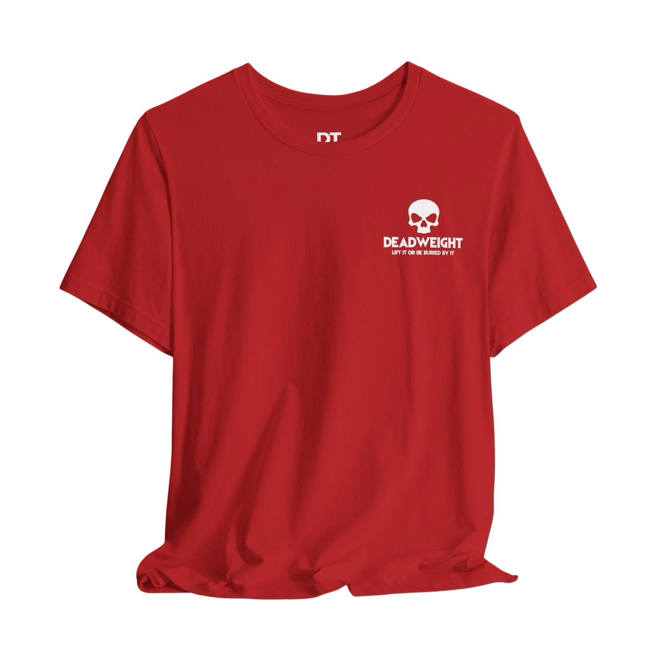 DailyThreadCo. red cotton motivational t-shirt featuring a white skull chest logo and Deadweight branding.