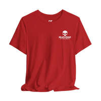 DailyThreadCo. red cotton motivational t-shirt featuring a white skull chest logo and Deadweight branding.