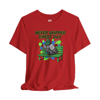 DailyThreadCo red cotton t-shirt with a graphic of a muscular pigeon on a bench, text reads 