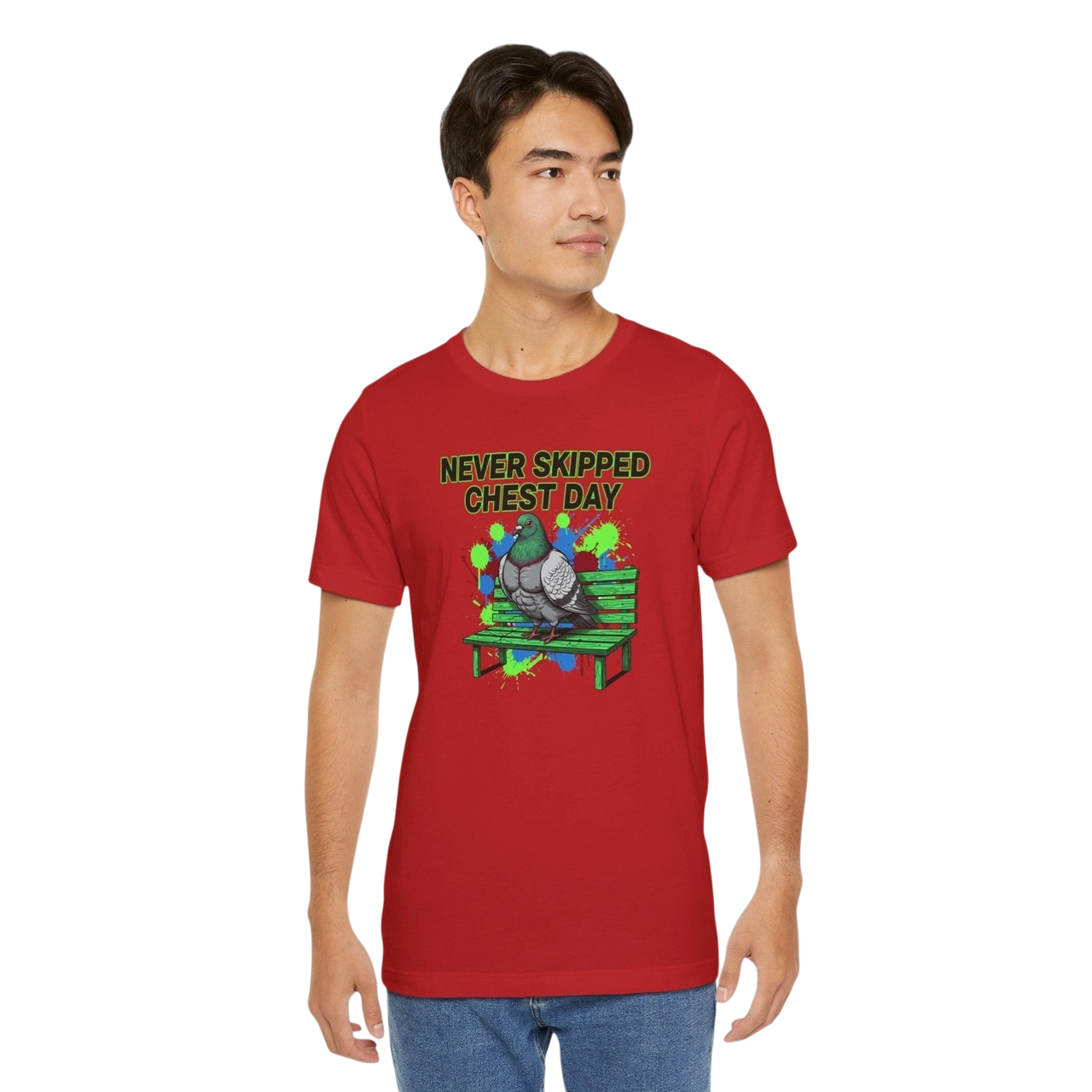 DailyThreadCo. red cotton t-shirt with a graphic print of a pigeon on a bench, text reads "NEVER SKIPPED CHEST DAY".