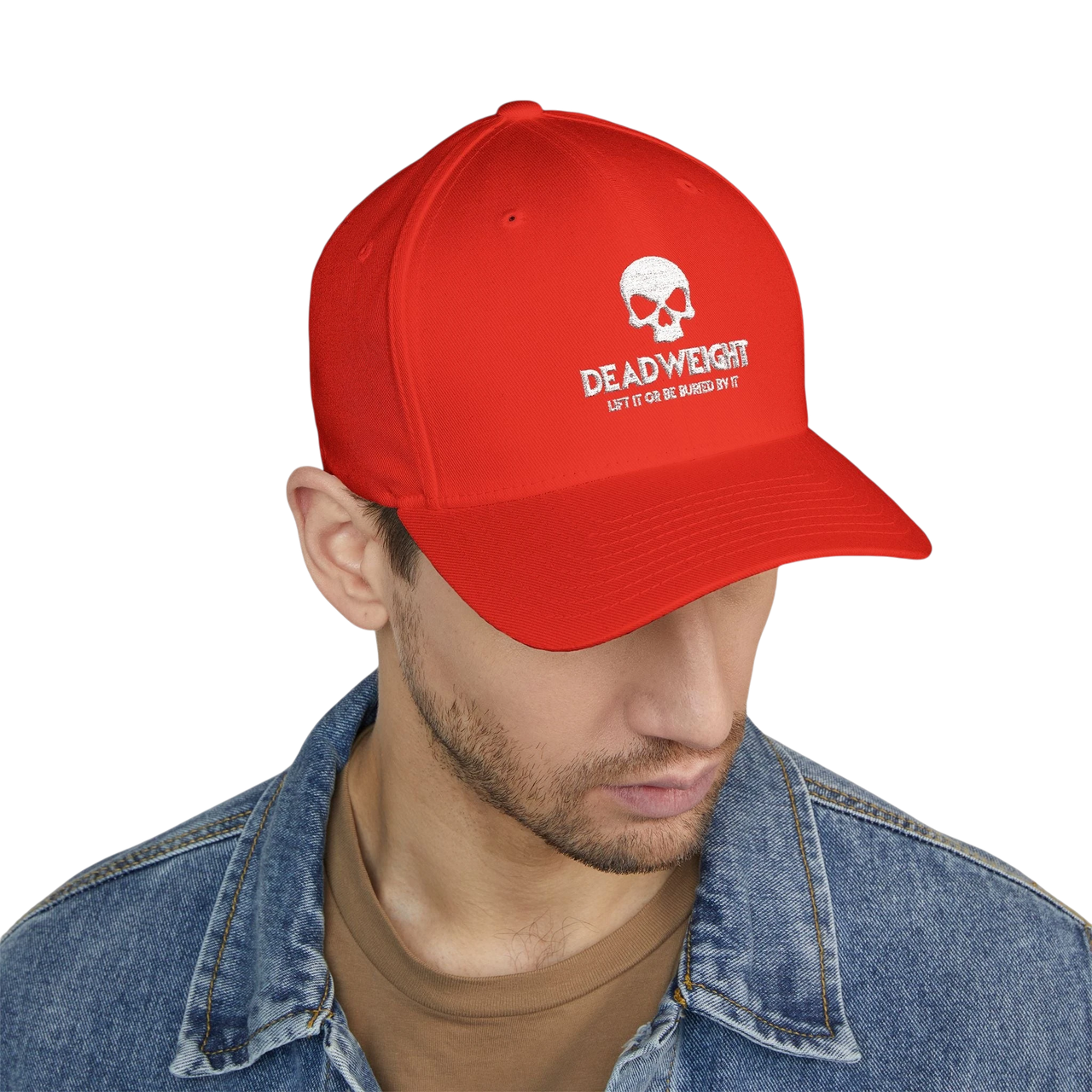 DailyThreadCo. red structured flexfit cap with white distressed skull embroidery and text on a man in denim jacket.
