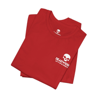 DailyThreadCo. red cotton crew neck t-shirt featuring a white skull graphic and Deadweight text on the chest.