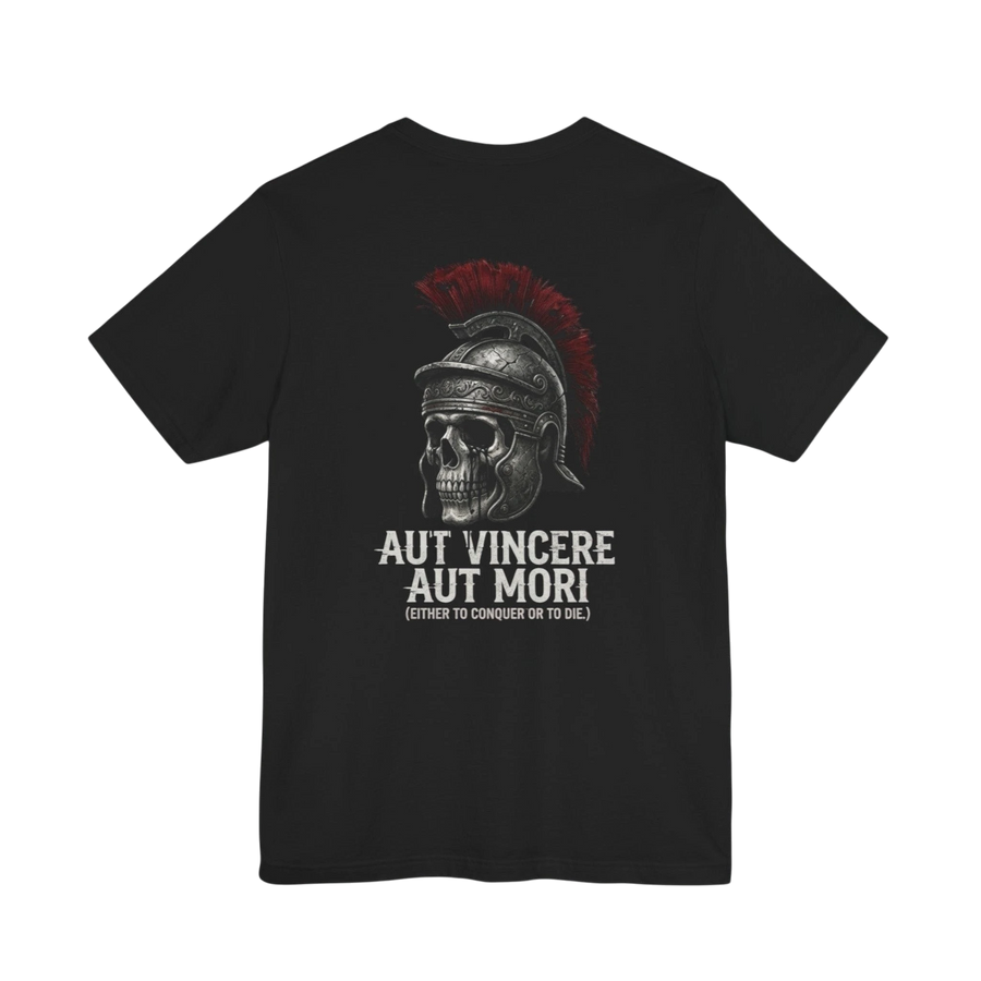 DailyThreadCo. black 100% cotton t-shirt with a Roman skull graphic wearing a galea helmet and the Latin phrase "Aut Vincere Aut Mori" printed on the back.