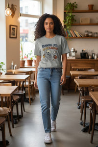 DailyThreadCo. grey cotton t-shirt with a cartoon skeleton running, holding coffee and a basketball, with the text 