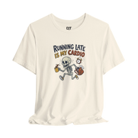 DailyThreadCo. cream cotton t-shirt with a cartoon skeleton running late, holding coffee and a backpack, with the text 