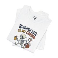 DailyThreadCo. white cotton t-shirt with cartoon skeleton running late, holding coffee and a backpack, with text 