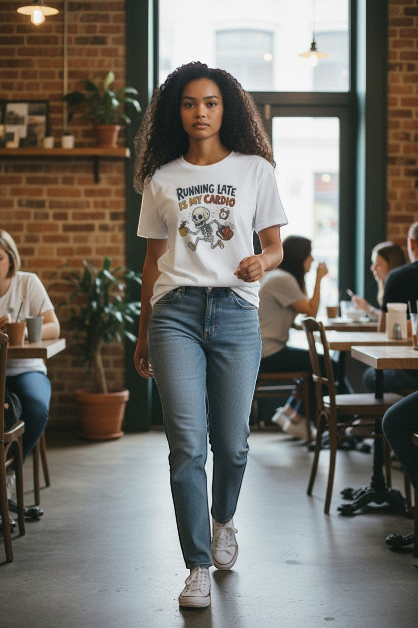 DailyThreadCo. white cotton t-shirt with a cartoon skeleton running, holding coffee and a bag, with the text "Running Late Is My Cardio".