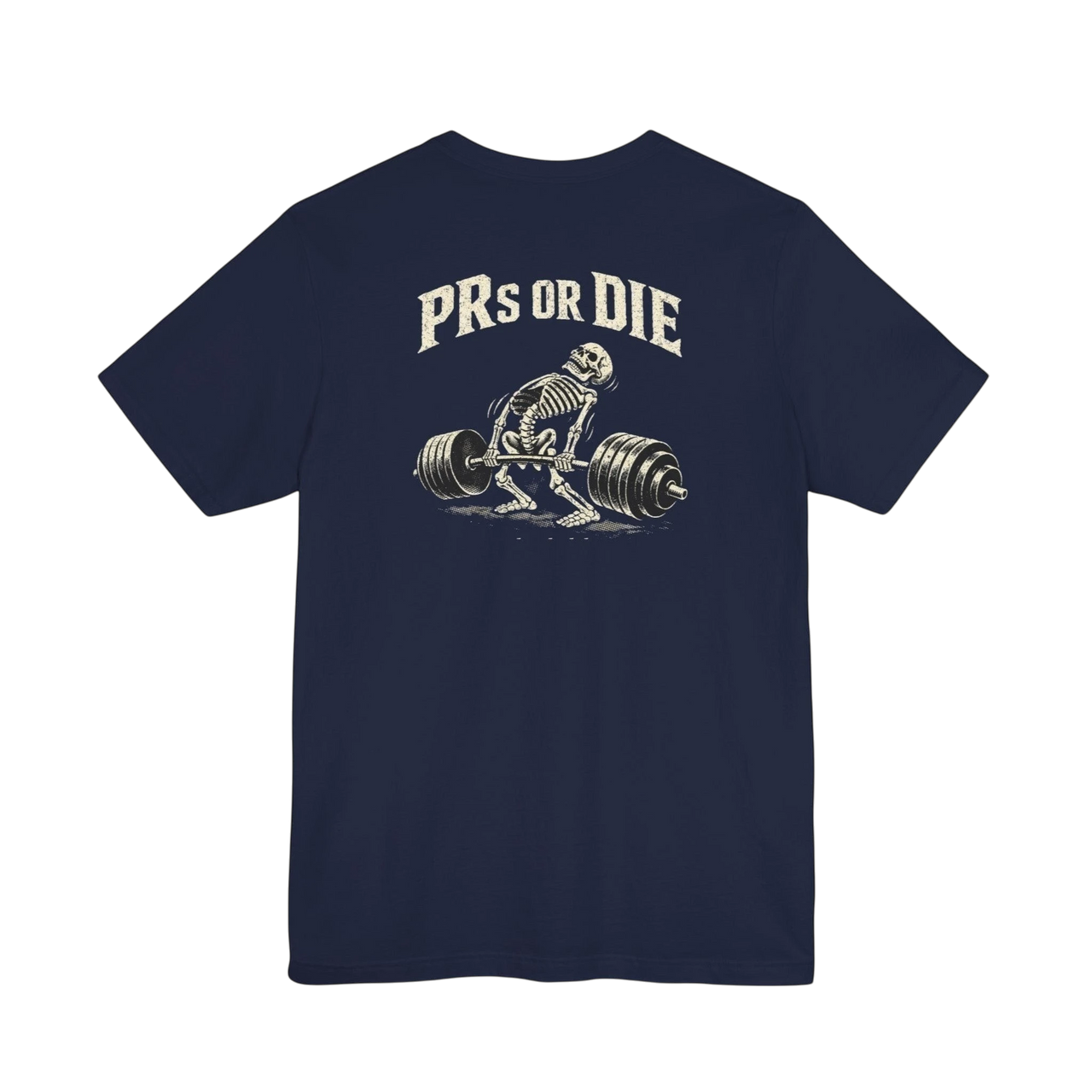 DailyThreadCo. navy blue 100% cotton t-shirt with a skeleton deadlifting a barbell and "PRs or Die" text on the back.