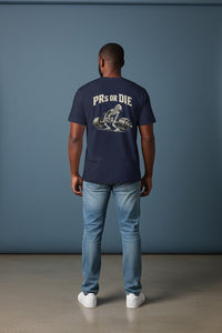 DailyThreadCo. navy blue 100% cotton t-shirt with skeleton deadlifting graphic and 