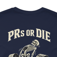 DailyThreadCo. navy blue 100% cotton t-shirt with a vintage-style skeleton deadlifting graphic and 