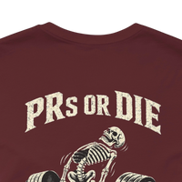 DailyThreadCo. maroon 100% cotton t-shirt with a vintage skeleton deadlifting graphic and 