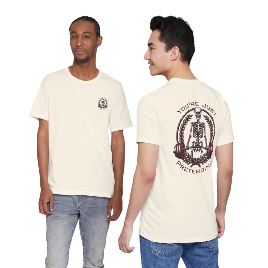 DailyThreadCo. cream 100% cotton t-shirt with skeleton weightlifter graphic and "You're Just Pretending" text on back.