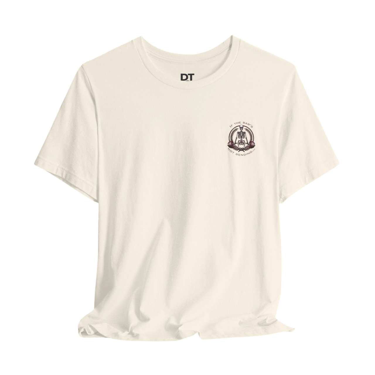 DailyThreadCo. cream 100% cotton t-shirt with a small chest graphic of a skeleton lifting weights and a larger graphic on the back.