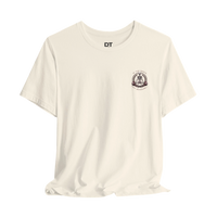 DailyThreadCo. cream 100% cotton t-shirt with a small chest graphic of a skeleton lifting weights and a larger graphic on the back.