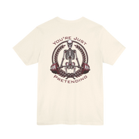 DailyThreadCo. cream 100% cotton t-shirt with a skeleton weightlifter graphic and 