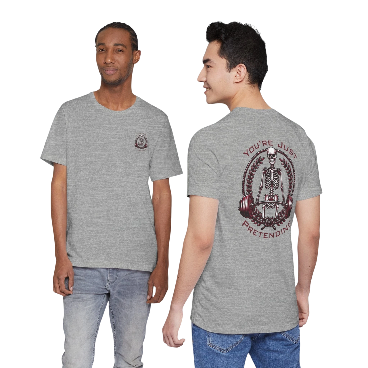 DailyThreadCo grey 100% cotton t-shirt with skeleton weightlifter graphic on back and chest emblem. Retail fit.