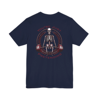 DailyThreadCo. navy blue 100% cotton t-shirt with a skeleton weightlifter graphic and the text 