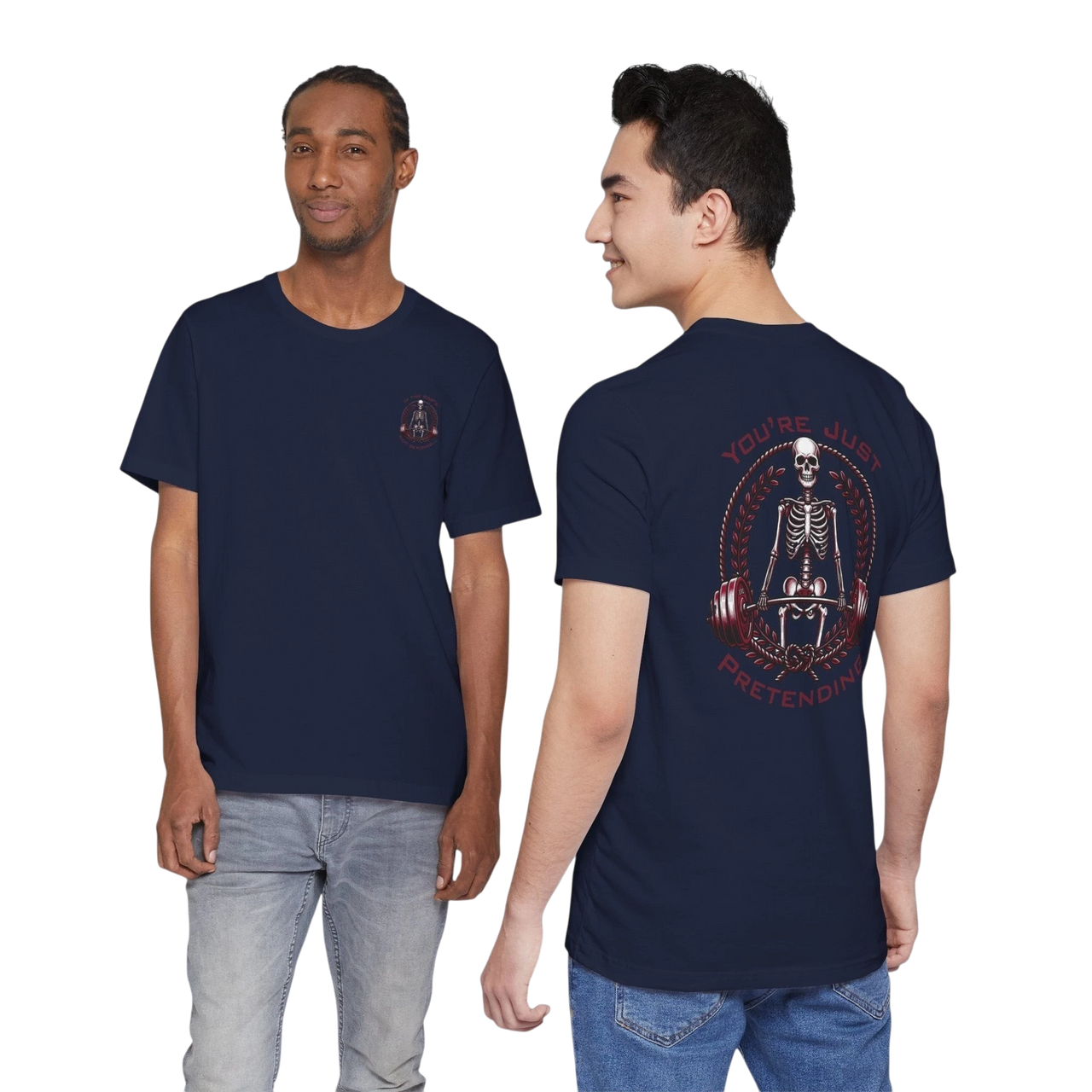 DailyThreadCo. navy blue 100% cotton t-shirt with a skeleton weightlifter graphic on the back and a small chest emblem. Relaxed fit, crew neck.
