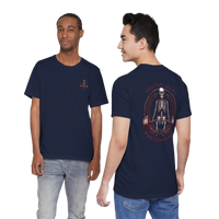 DailyThreadCo. navy blue 100% cotton t-shirt with a skeleton weightlifter graphic on the back and a small chest emblem. Relaxed fit, crew neck.