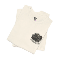DailyThreadCo. cream cotton t-shirt with a skull and barbell graphic and 