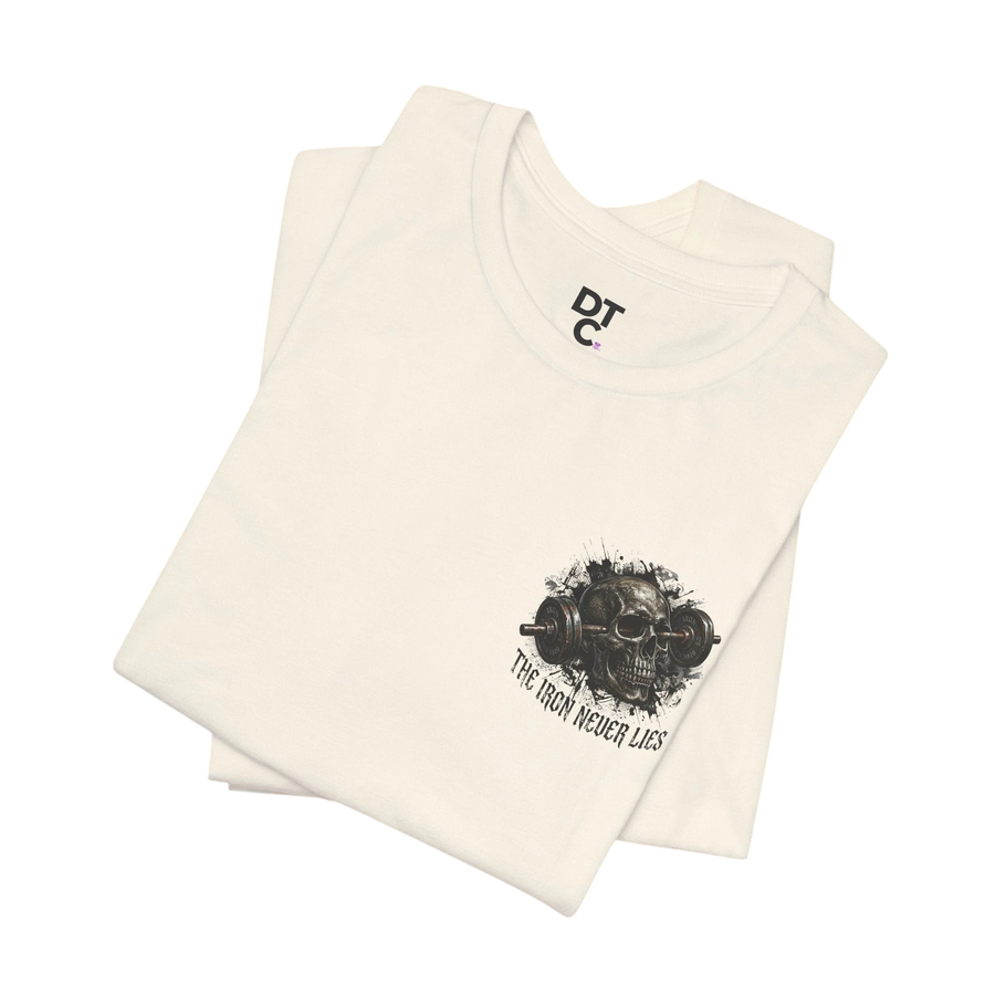 DailyThreadCo. cream cotton t-shirt with a skull and barbell graphic and "The Iron Never Lies" text.