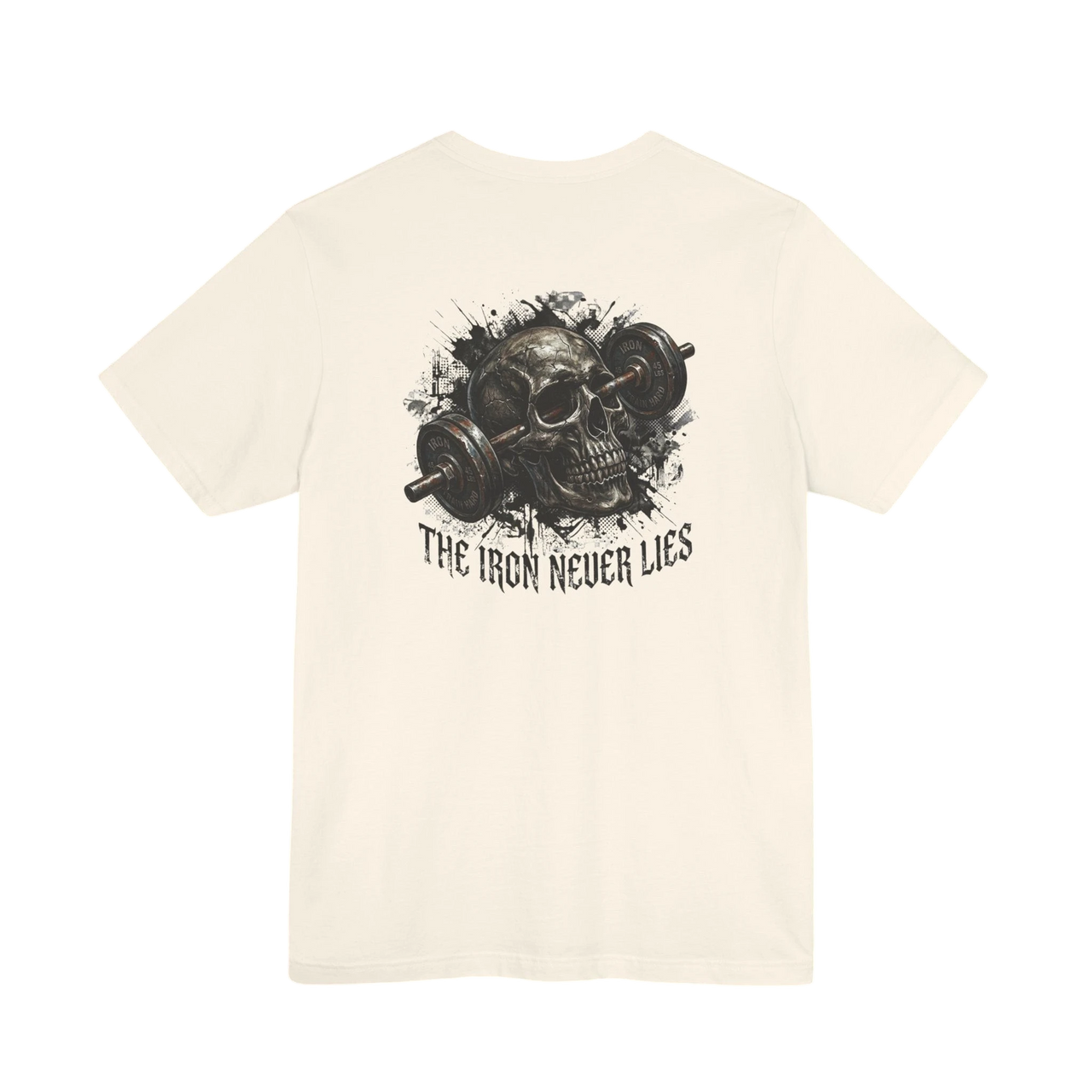 DailyThreadCo. cream cotton t-shirt with a graphic of a skull with a barbell through it and the text "THE IRON NEVER LIES" below.
