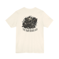 DailyThreadCo. cream cotton t-shirt with a graphic of a skull with a barbell through it and the text 