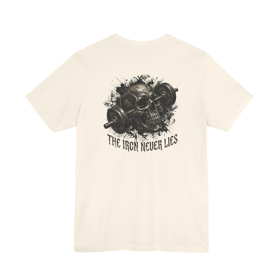 DailyThreadCo. cream cotton t-shirt with a graphic of a skull with a barbell through it and the text "THE IRON NEVER LIES" below.