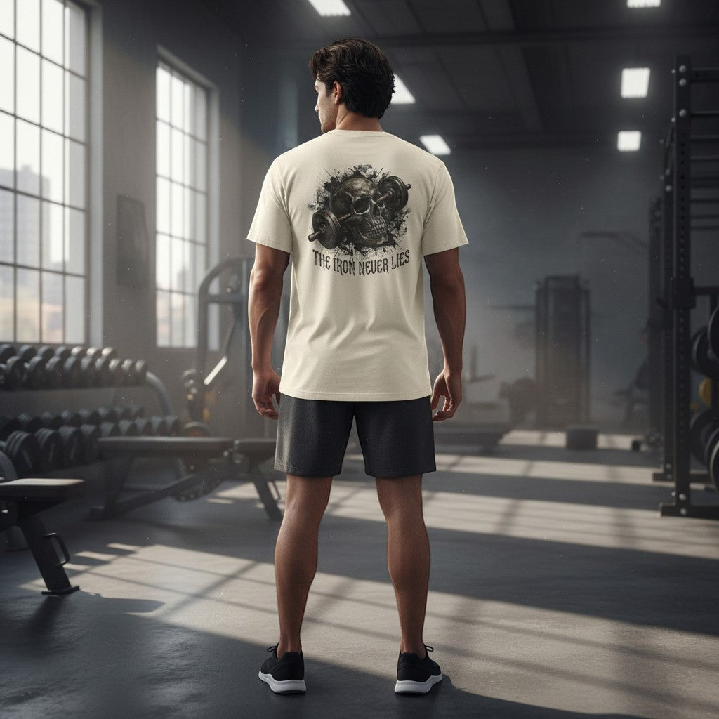 DailyThreadCo. cream cotton t-shirt with a graphic of a skull and barbell on the back, reading "The Iron Never Lies".