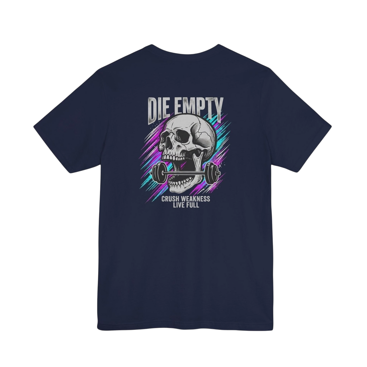 DailyThreadCo. navy blue 100% cotton t-shirt with a graphic of a skull holding a barbell and the text "DIE EMPTY".