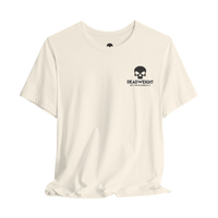 DailyThreadCo. off-white cotton t-shirt featuring a black skull logo and Deadweight text on the chest.