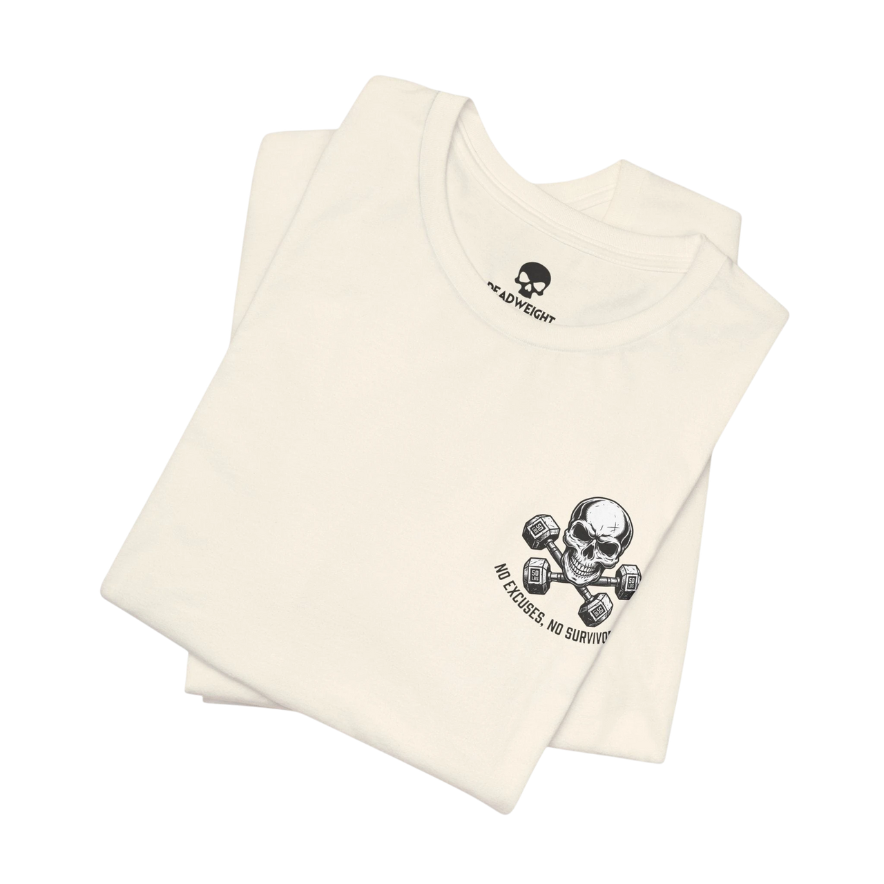 DailyThreadCo. off-white crew-neck cotton fitness t-shirt featuring a skull and dumbbell graphic on the chest.